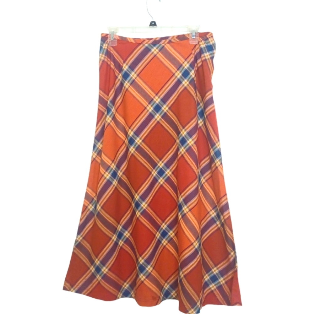 Liz Claiborne Orange Plaid Midi Skirt with Blue and Yellow Accents